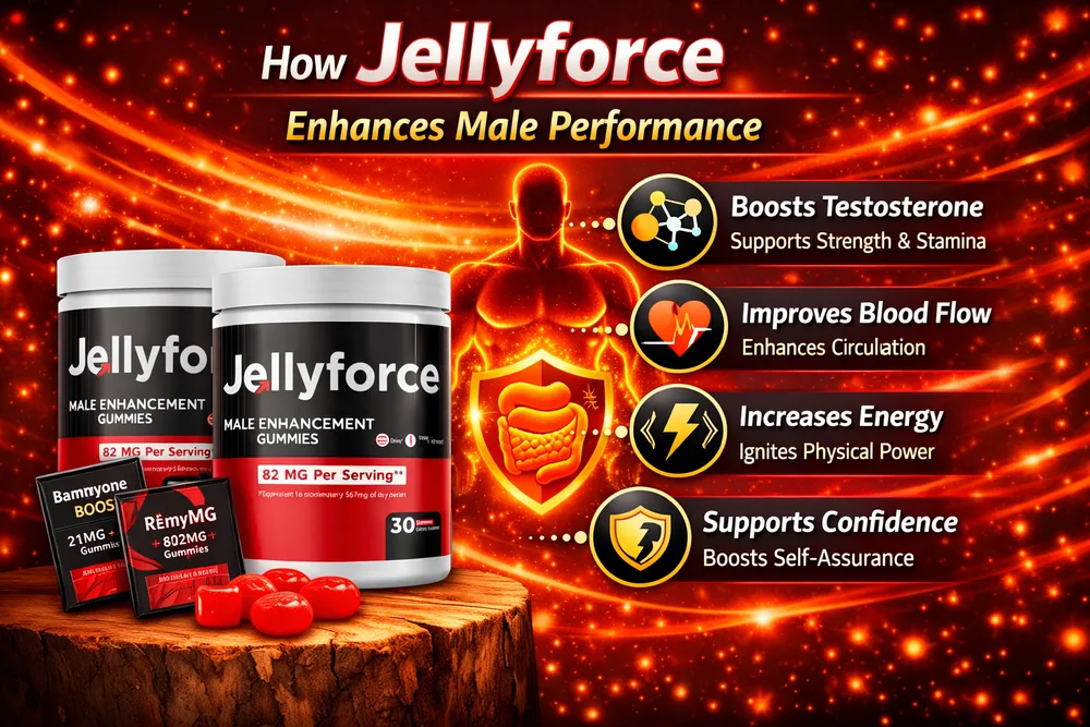 How Jellyforce enhances male performance infographic: testosterone, blood flow, energy, confidence